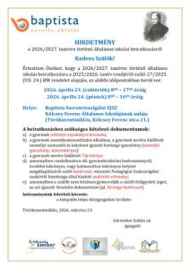 Iskolai hirdetmény a beiratkozásról 2026-2027